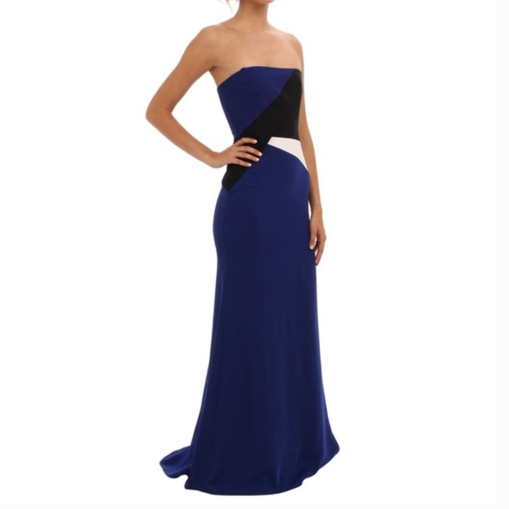 BCBG Audrianna Strapless Blue, Black, and White Colorblock Floor Length Dress